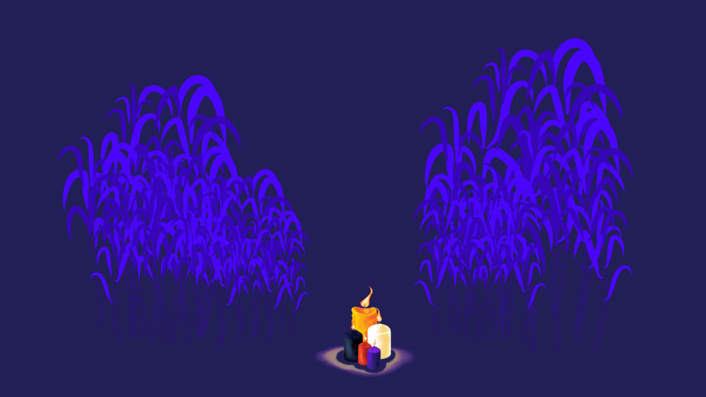 Imagen de una vela iluminando un bosque azul